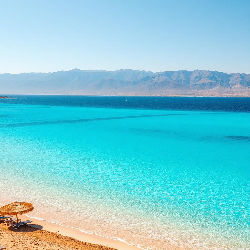 Turquoise Mediterranean beach with sun loungers in North Cyprus