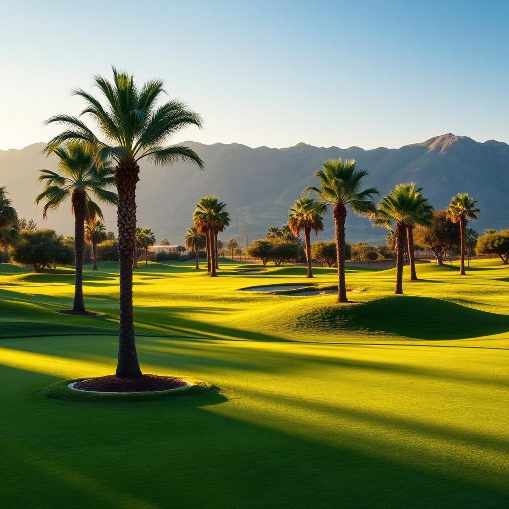 Championship golf course with palm trees and mountain backdrop