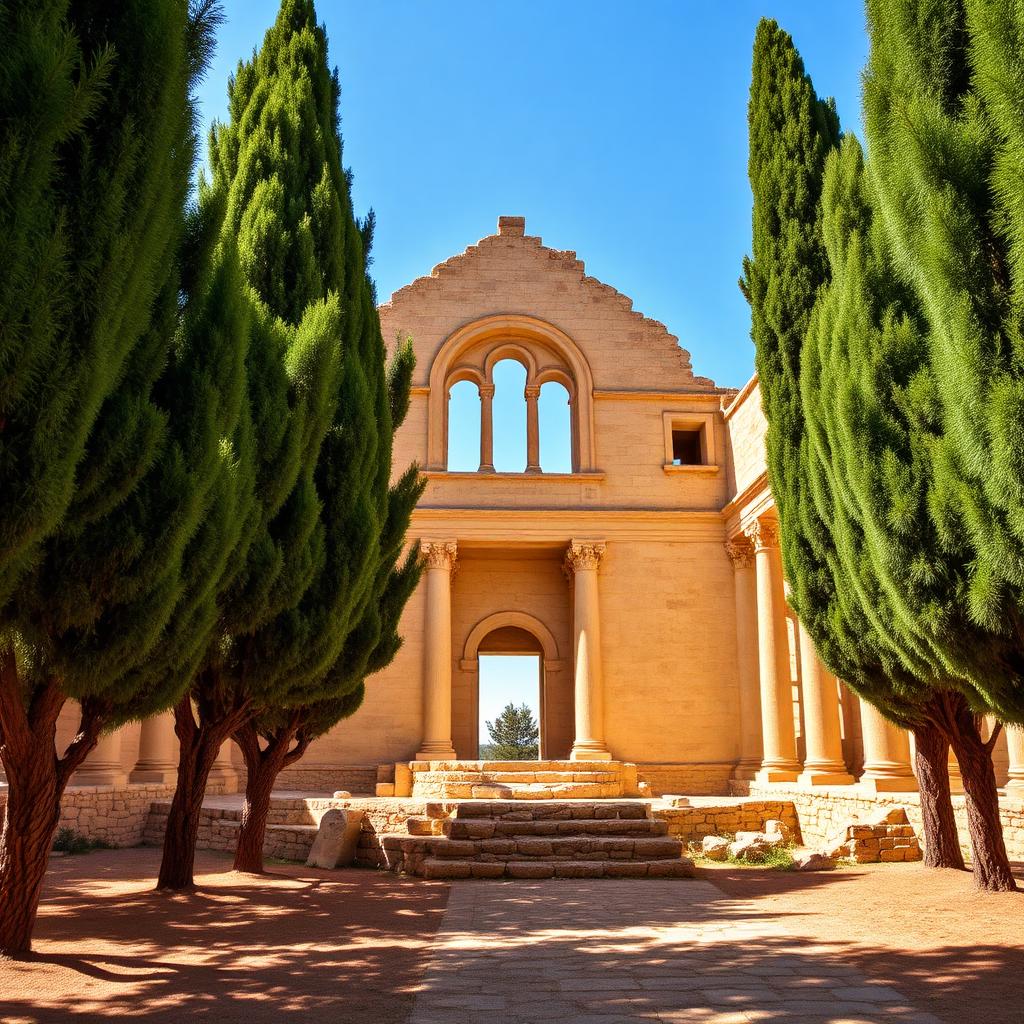 Ancient abbey ruins framed by cypress trees in Cyprus