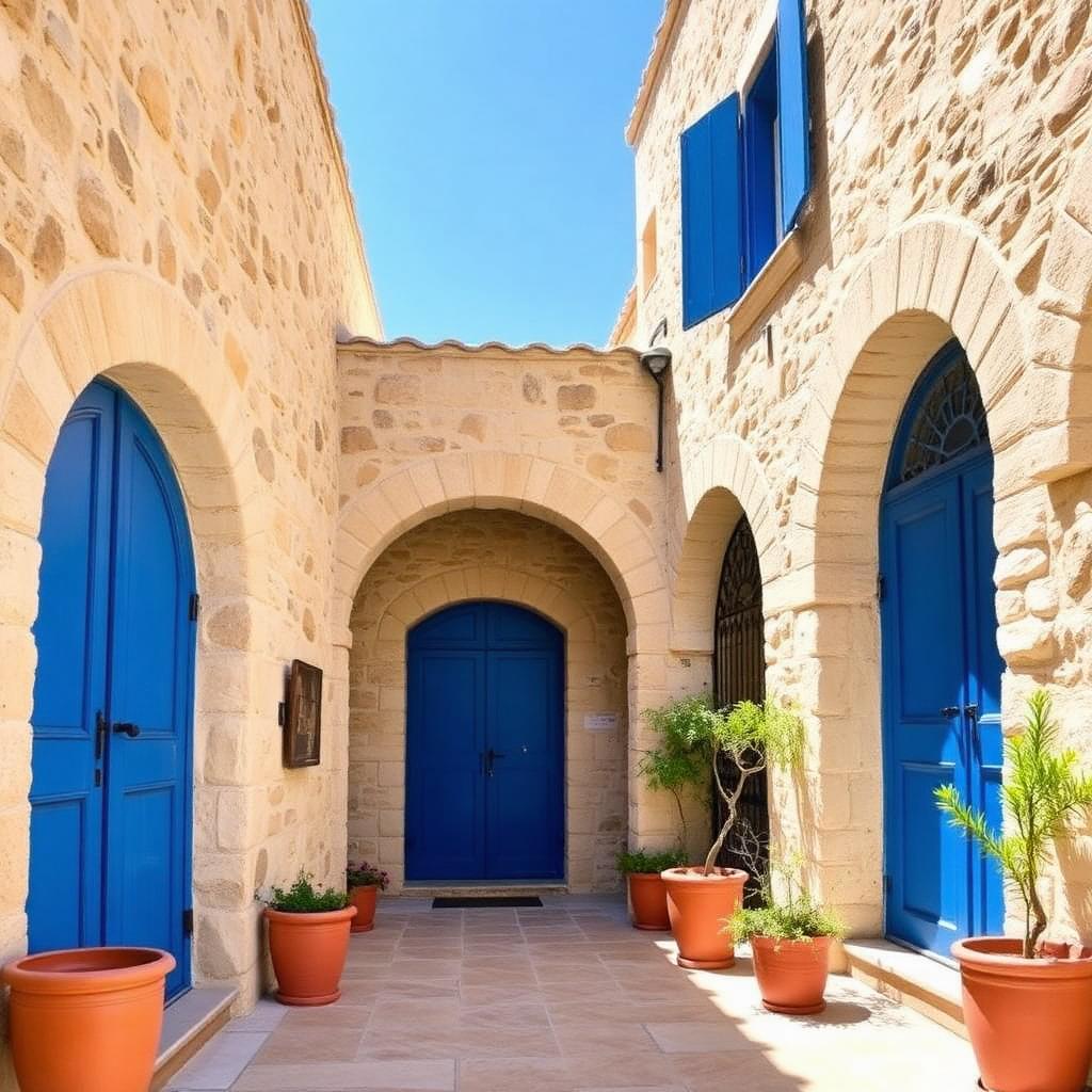 Historic stone courtyard with blue doors in Cyprus